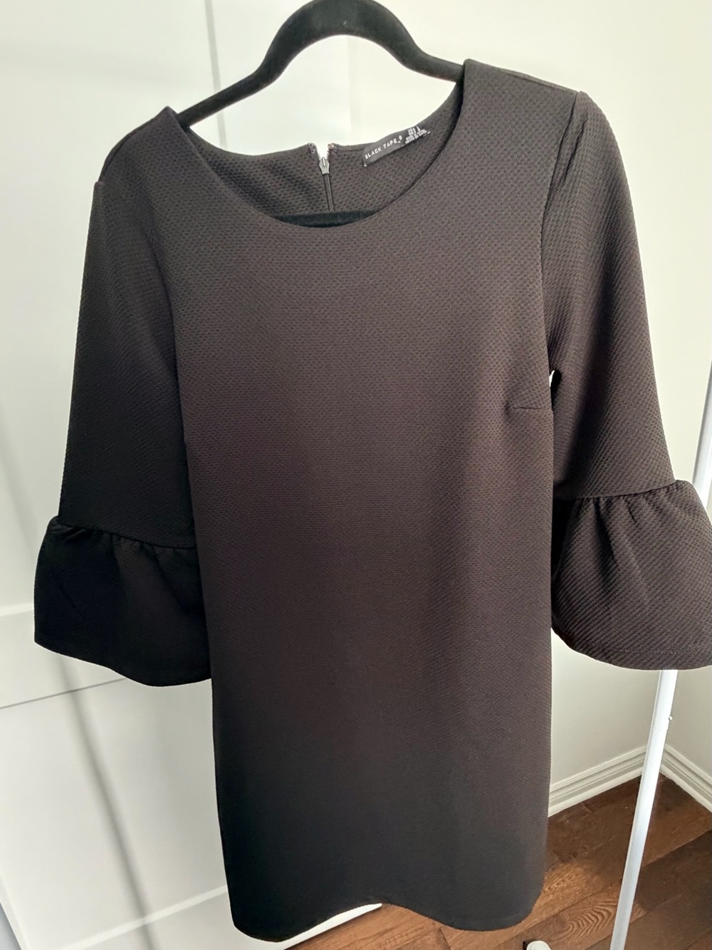 Black Tape Black Textured Shift Dress with Ruffle Sleeves